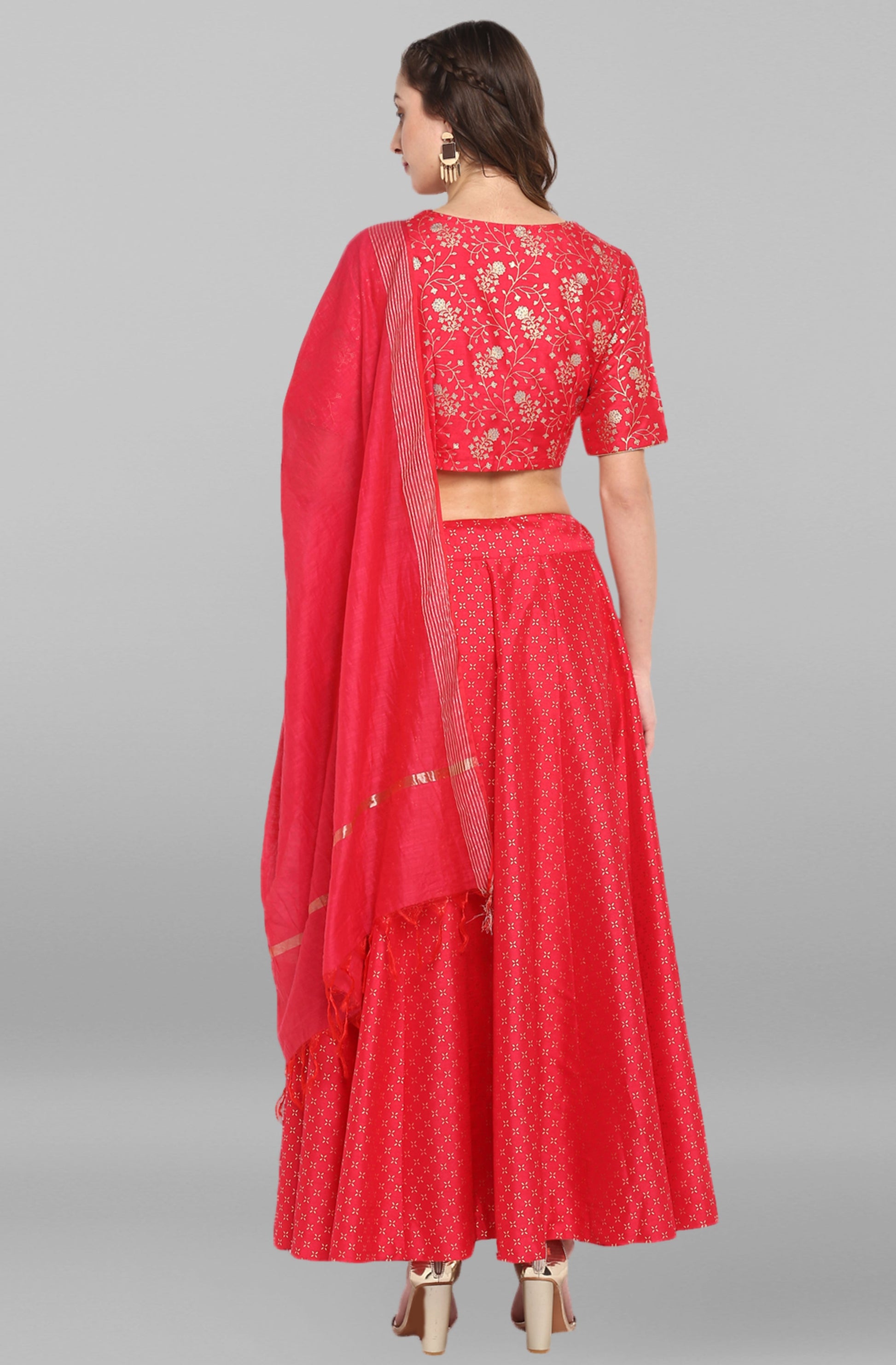 Janasya Women's Pink Poly Silk Gold Print Lehenga Choli With Dupatta | Swadesiicart