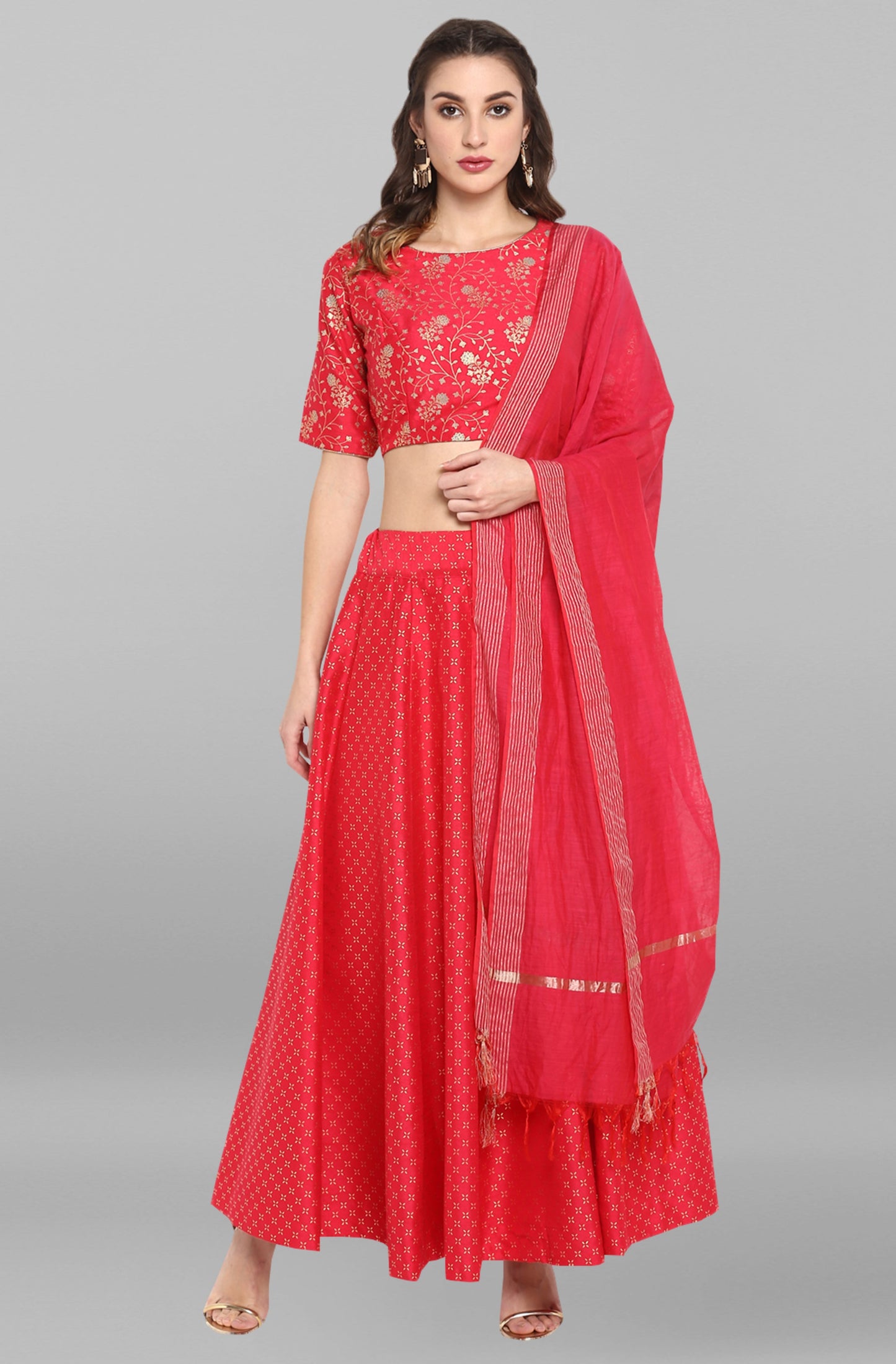 Janasya Women's Pink Poly Silk Gold Print Lehenga Choli With Dupatta | Swadesiicart