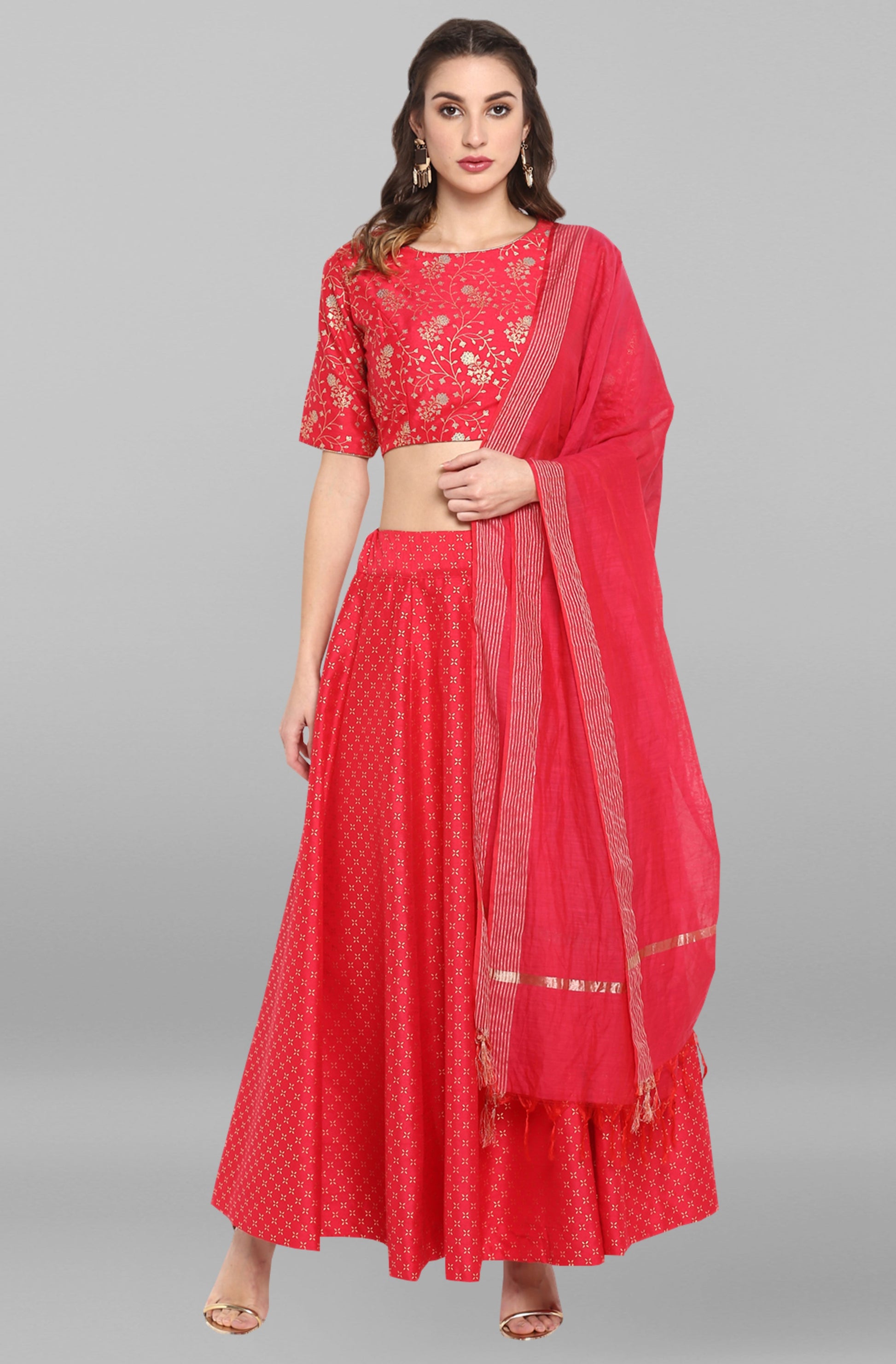 Janasya Women's Pink Poly Silk Gold Print Lehenga Choli With Dupatta | Swadesiicart