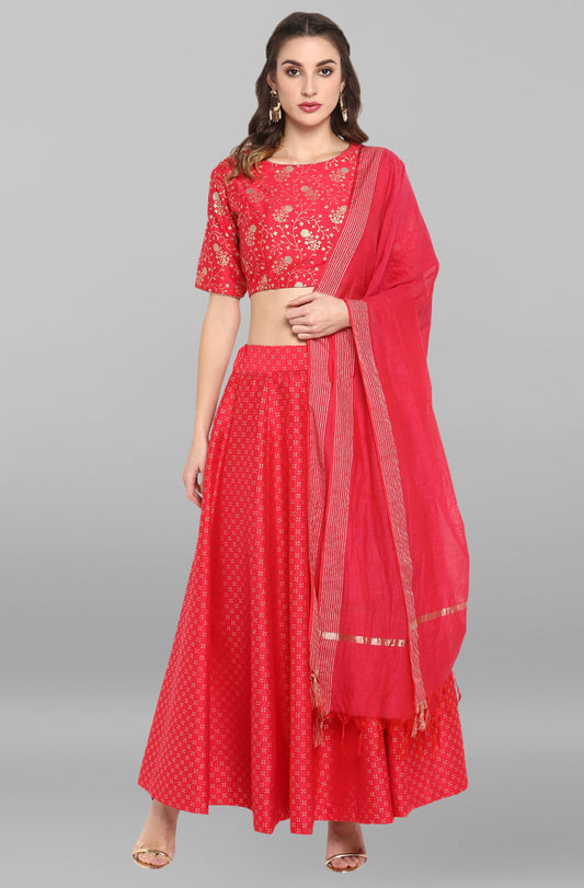 Janasya Women's Pink Poly Silk Gold Print Lehenga Choli With Dupatta | Swadesiicart