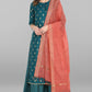 Janasya Women's Peacock Green Poly Silk Gold Print Kurta With Palazzo And Dupatta | Swadesiicart
