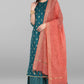Janasya Women's Peacock Green Poly Silk Gold Print Kurta With Palazzo And Dupatta | Swadesiicart