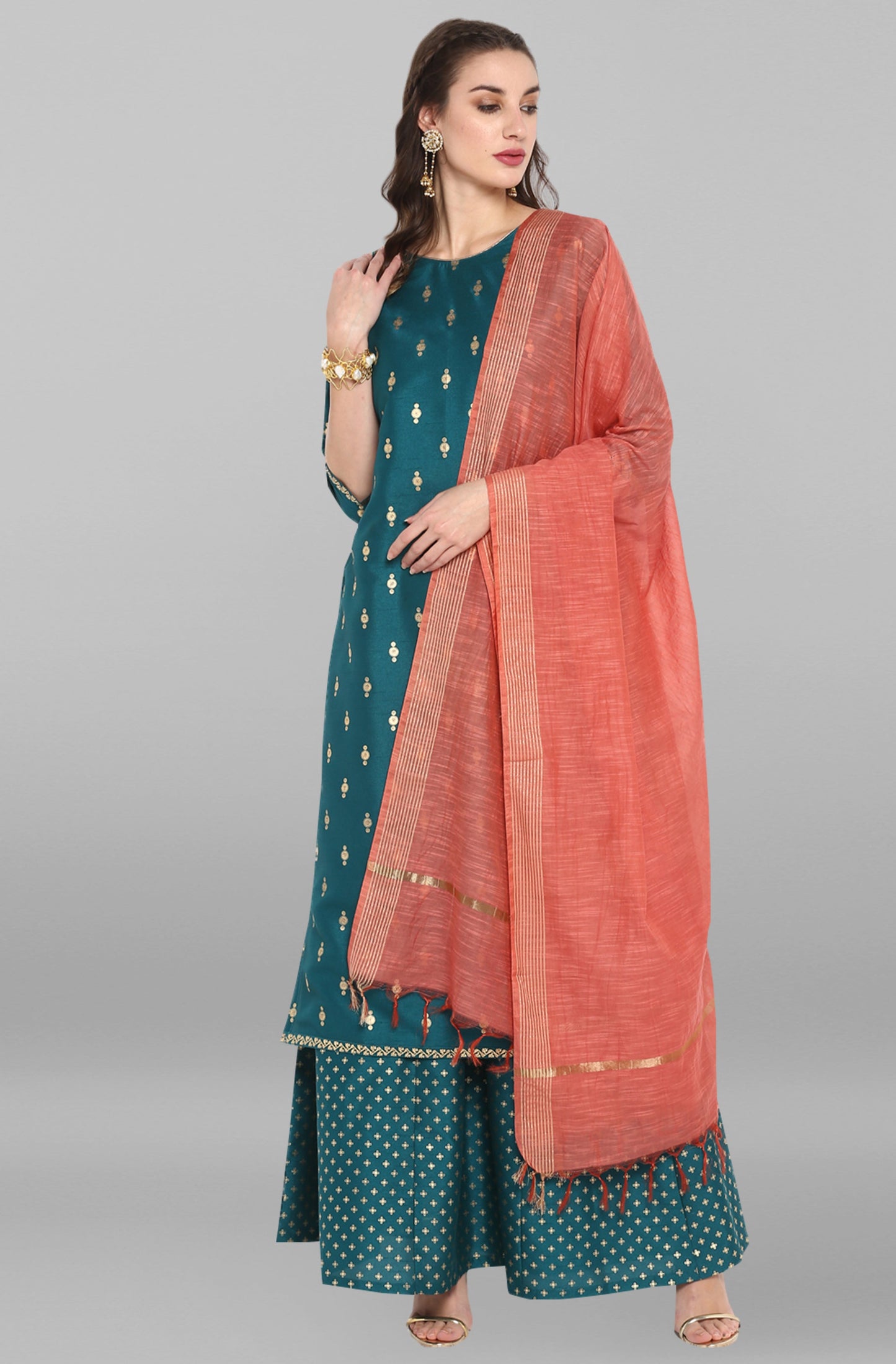 Janasya Women's Peacock Green Poly Silk Gold Print Kurta With Palazzo And Dupatta | Swadesiicart