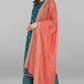 Janasya Women's Peacock Green Poly Silk Gold Print Kurta With Palazzo And Dupatta | Swadesiicart
