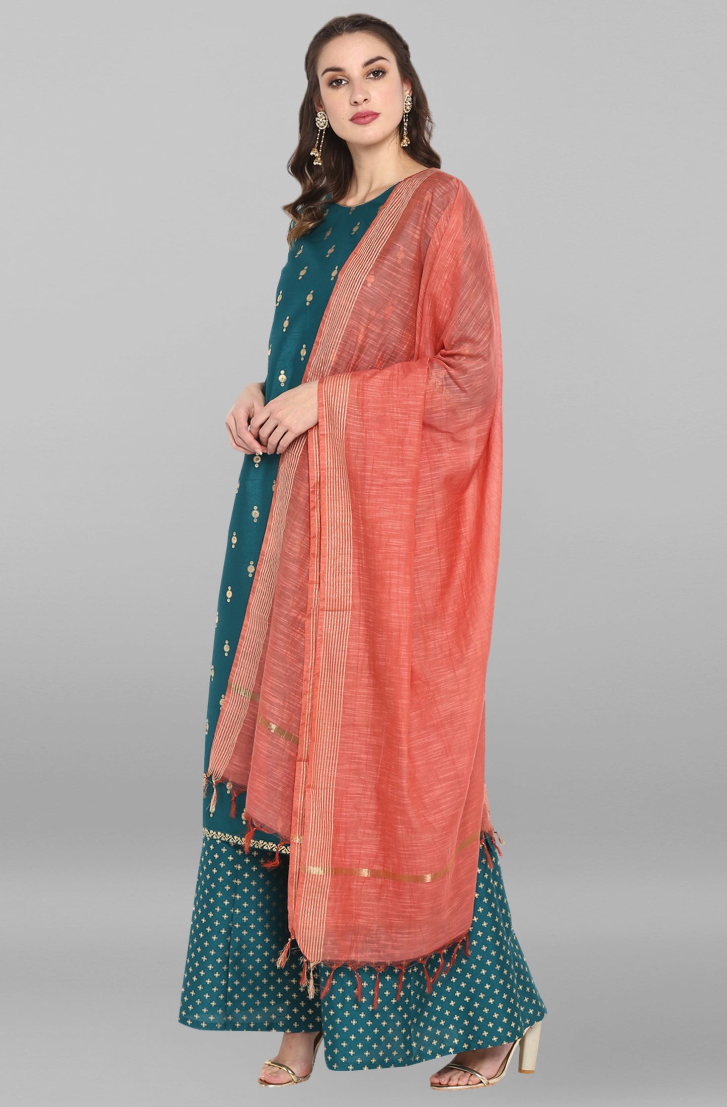 Janasya Women's Peacock Green Poly Silk Gold Print Kurta With Palazzo And Dupatta | Swadesiicart