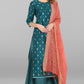Janasya Women's Peacock Green Poly Silk Gold Print Kurta With Palazzo And Dupatta | Swadesiicart