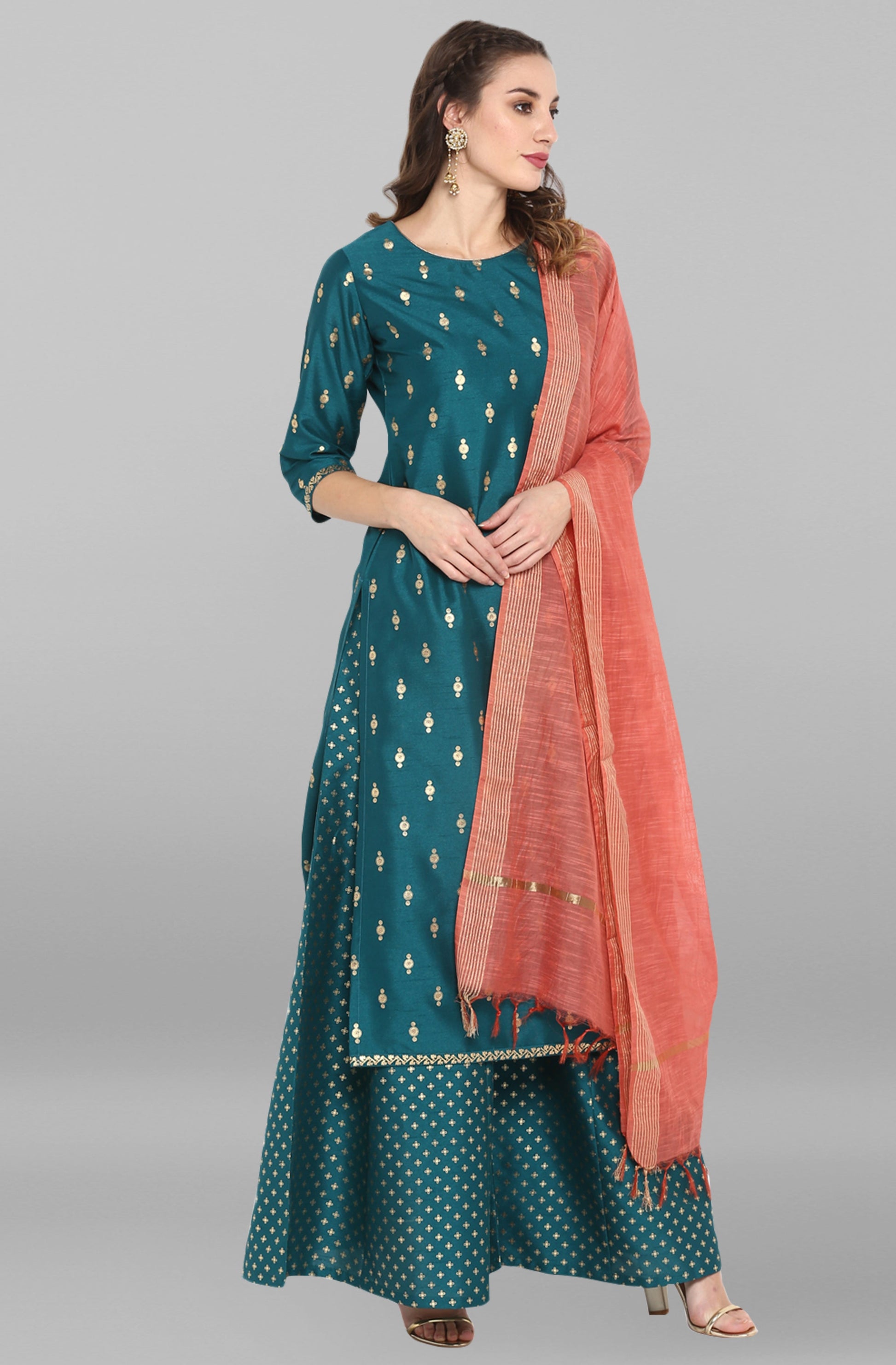 Janasya Women's Peacock Green Poly Silk Gold Print Kurta With Palazzo And Dupatta | Swadesiicart