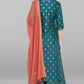 Janasya Women's Peacock Green Poly Silk Gold Print Kurta With Palazzo And Dupatta | Swadesiicart