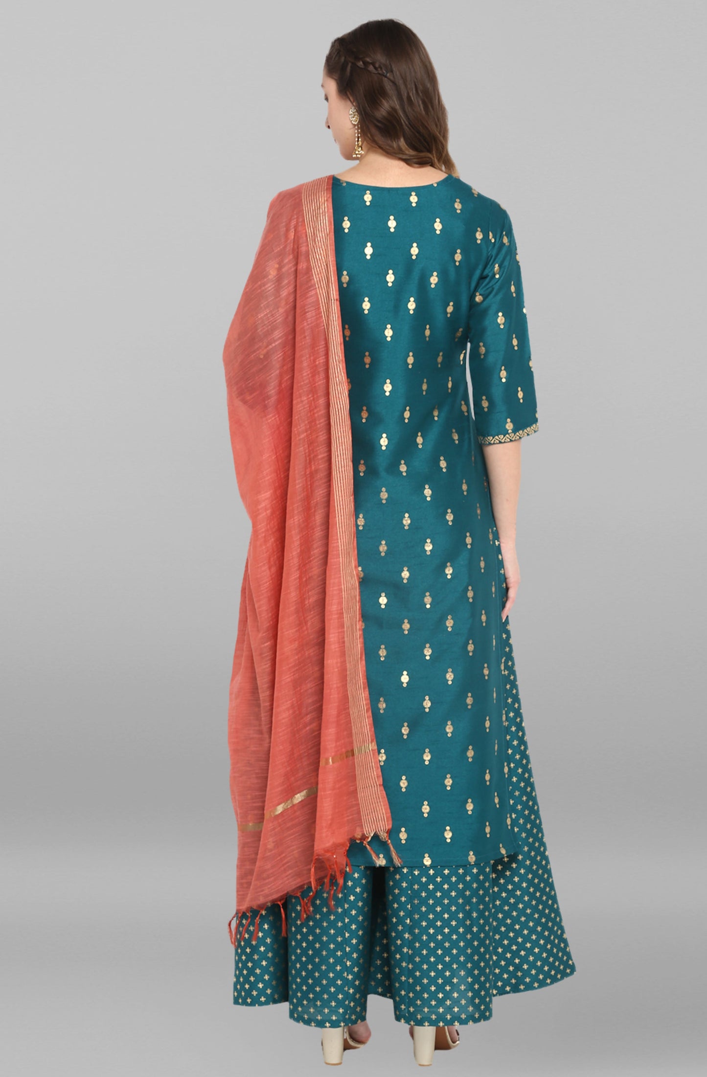 Janasya Women's Peacock Green Poly Silk Gold Print Kurta With Palazzo And Dupatta | Swadesiicart