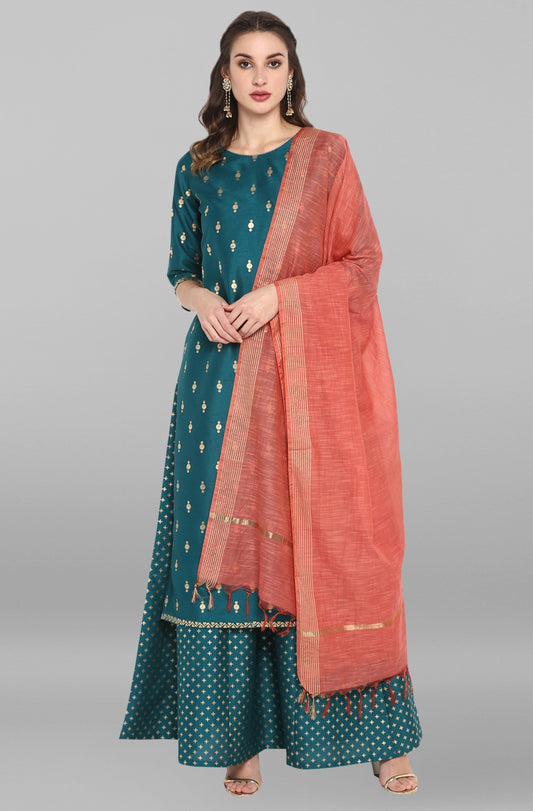 Janasya Women's Peacock Green Poly Silk Gold Print Kurta With Palazzo And Dupatta | Swadesiicart