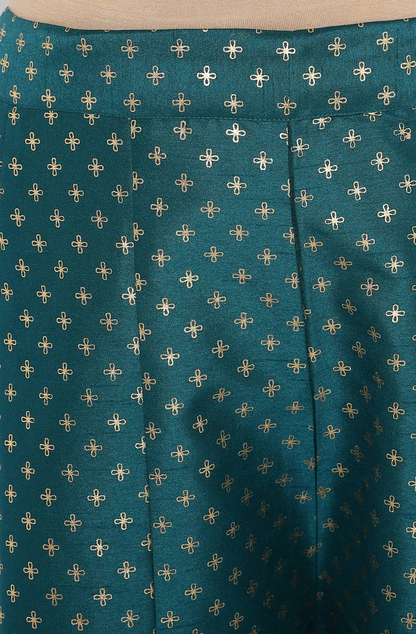 Janasya Women's Peacock Green Poly Silk Gold Print Kurta With Palazzo And Dupatta | Swadesiicart