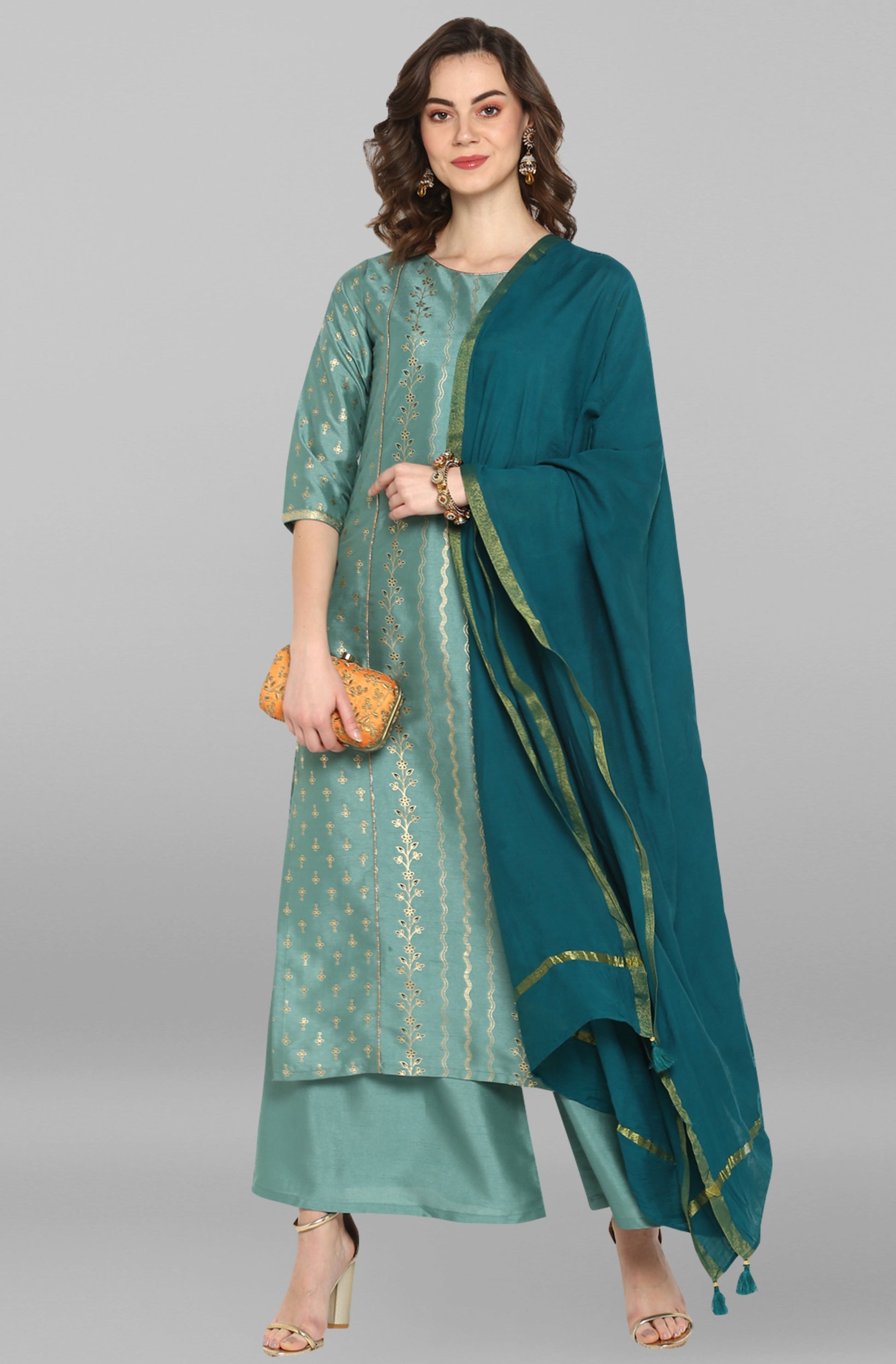 Janasya Women's Light Green Poly Silk Floral Print Kurta With Palazzo And Dupatta | Swadesiicart