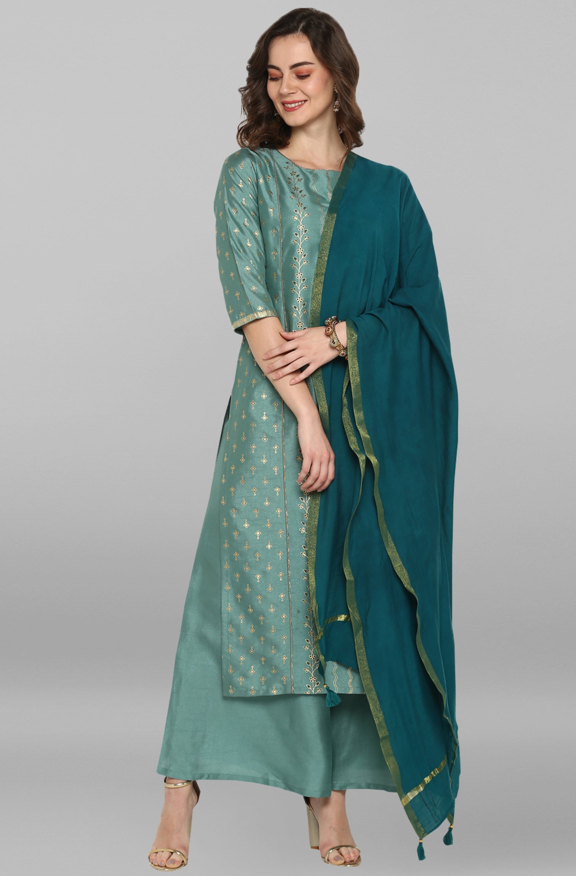 Janasya Women's Light Green Poly Silk Floral Print Kurta With Palazzo And Dupatta | Swadesiicart