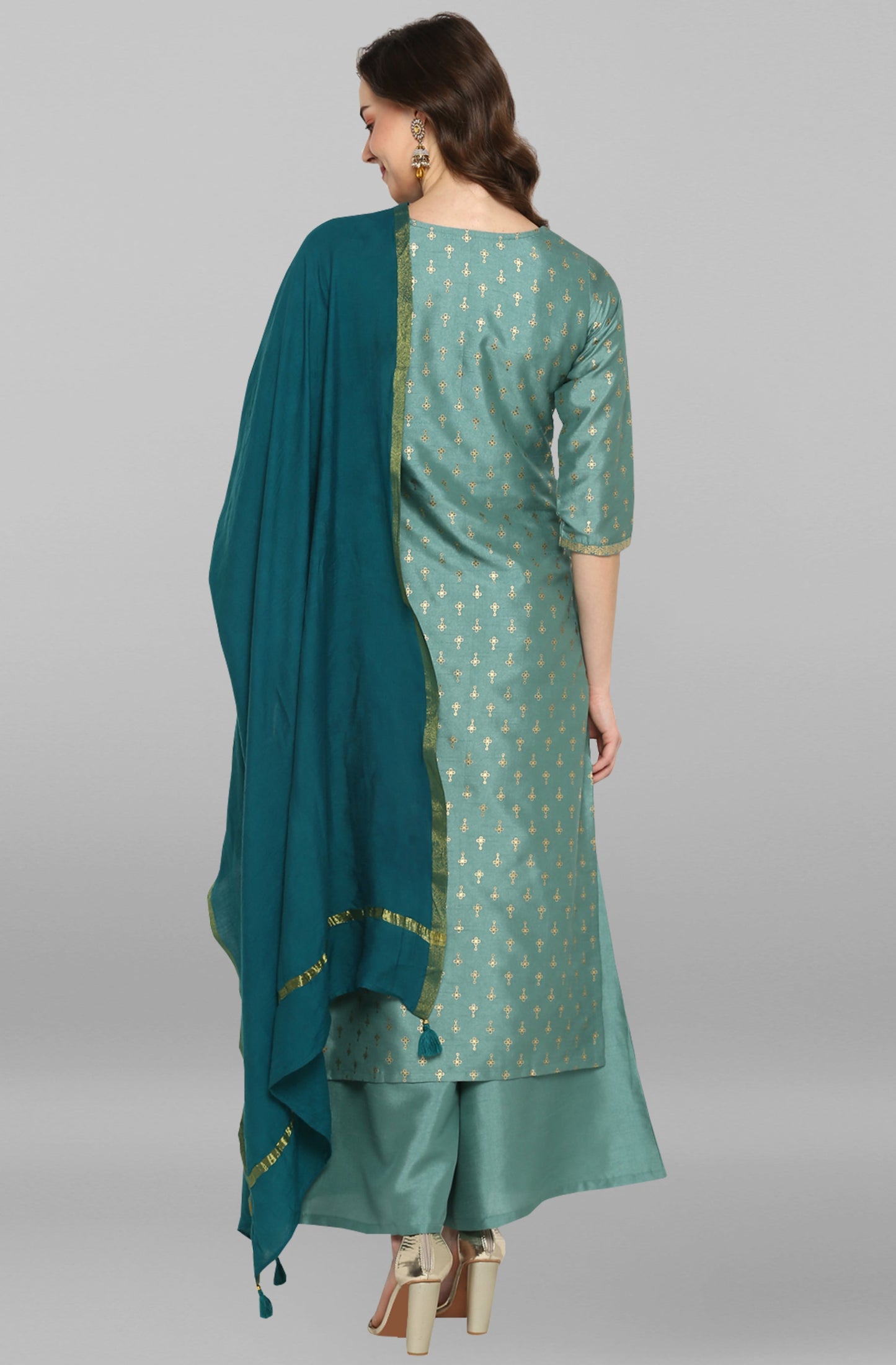 Janasya Women's Light Green Poly Silk Floral Print Kurta With Palazzo And Dupatta | Swadesiicart