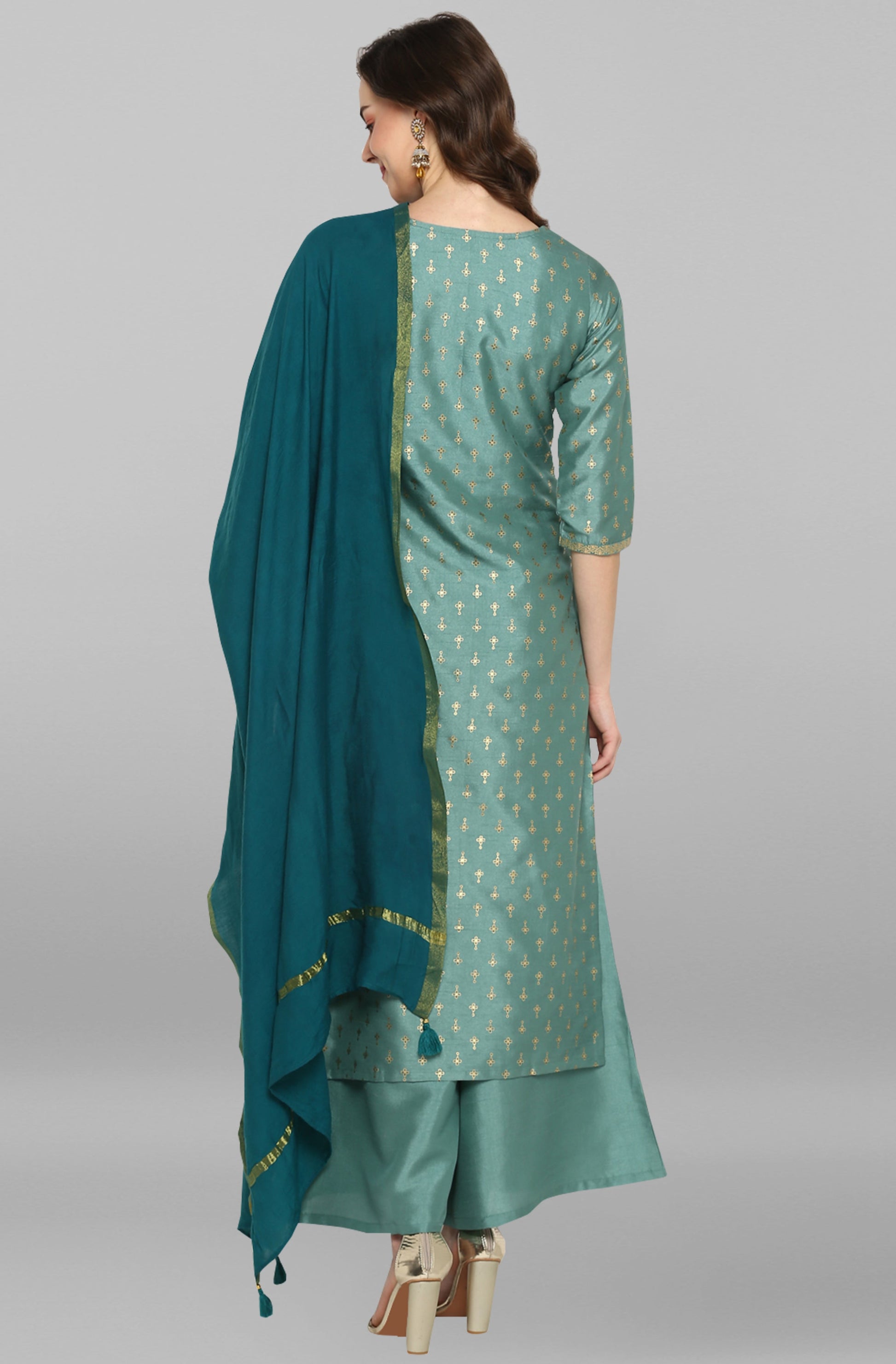 Janasya Women's Light Green Poly Silk Floral Print Kurta With Palazzo And Dupatta | Swadesiicart