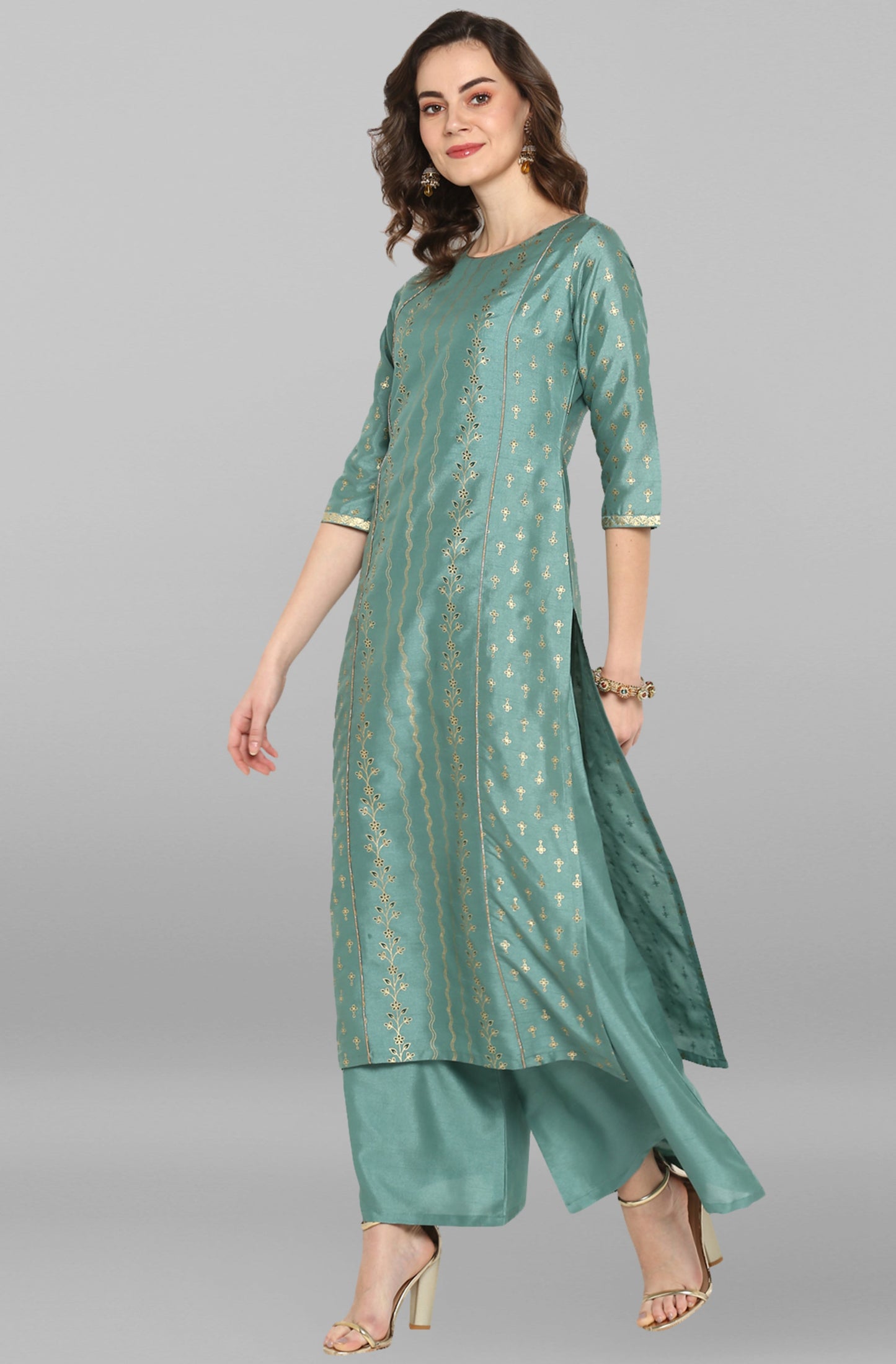 Janasya Women's Light Green Poly Silk Floral Print Kurta With Palazzo And Dupatta | Swadesiicart