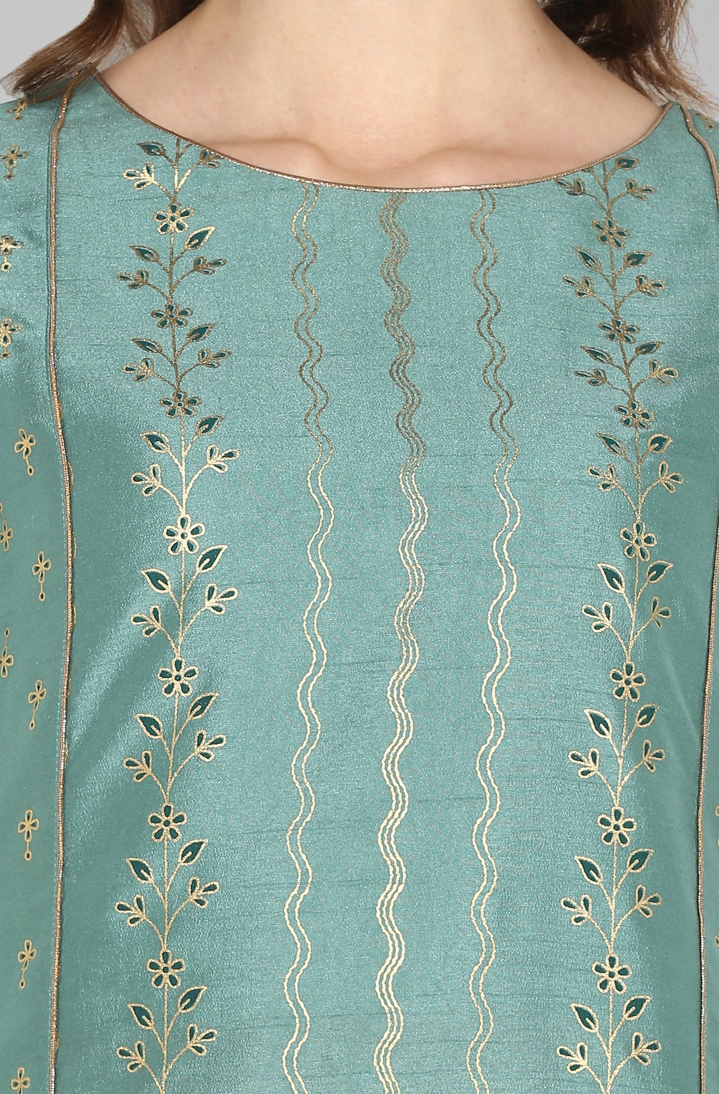 Janasya Women's Light Green Poly Silk Floral Print Kurta With Palazzo And Dupatta | Swadesiicart