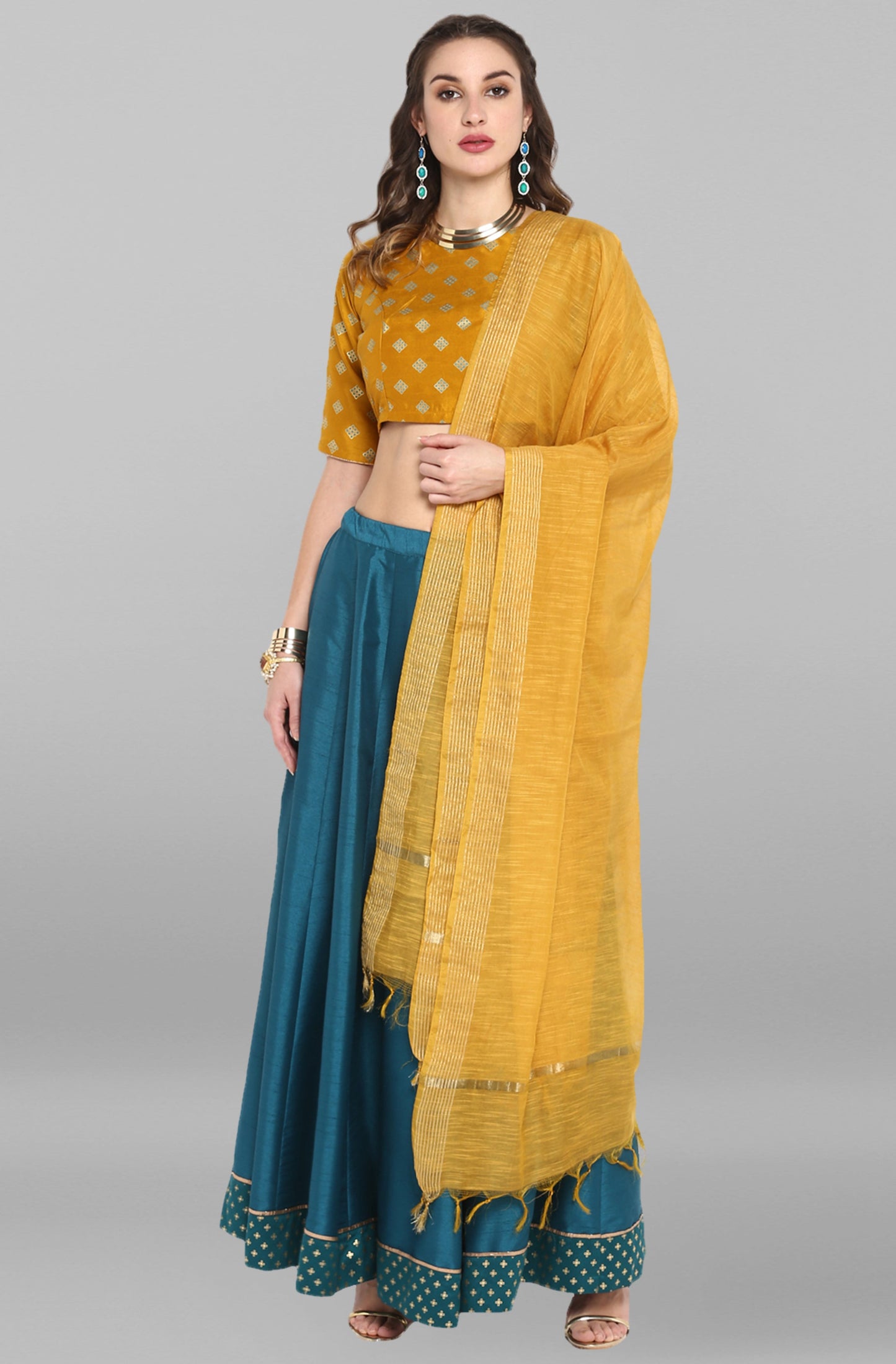 Janasya Women's Mustard Poly Silk Gold Print Lehenga Choli With Dupatta | Swadesiicart