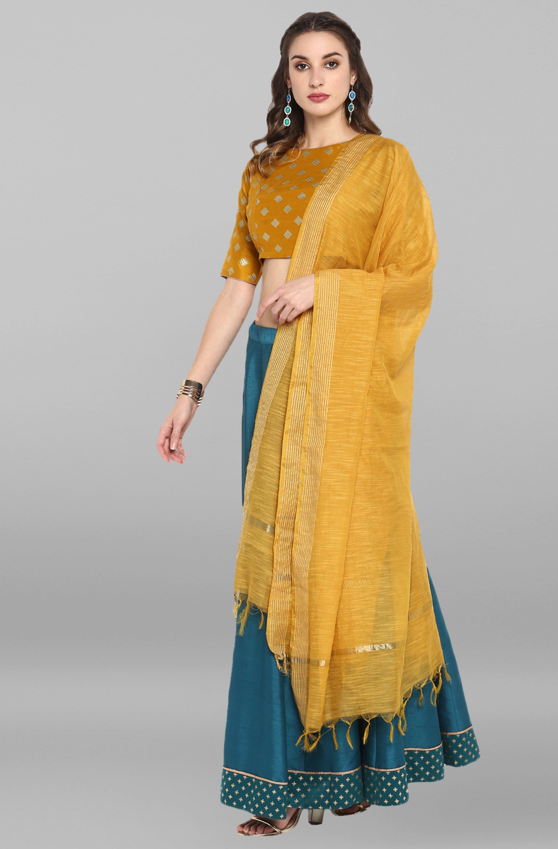 Janasya Women's Mustard Poly Silk Gold Print Lehenga Choli With Dupatta | Swadesiicart