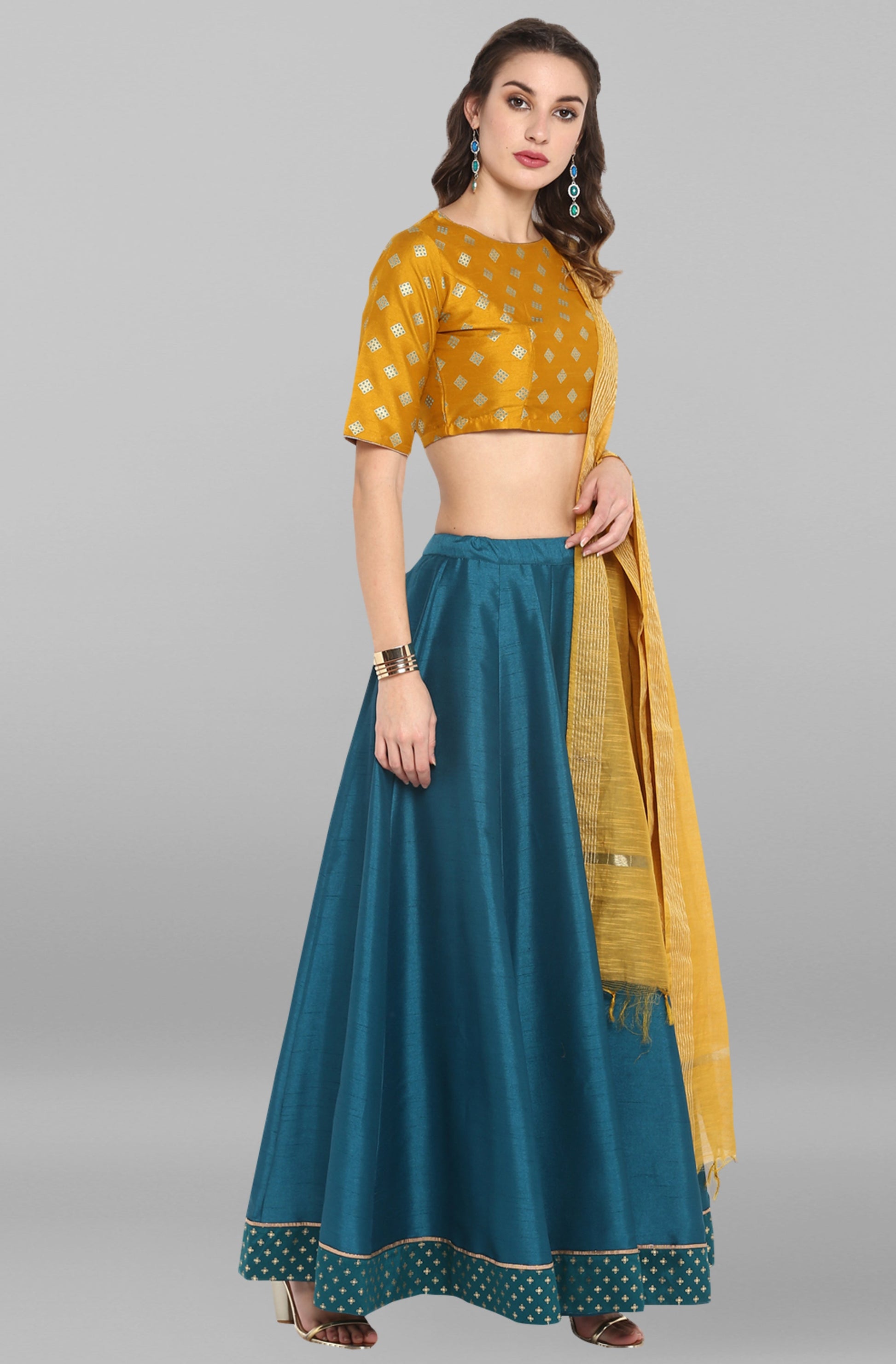 Janasya Women's Mustard Poly Silk Gold Print Lehenga Choli With Dupatta | Swadesiicart