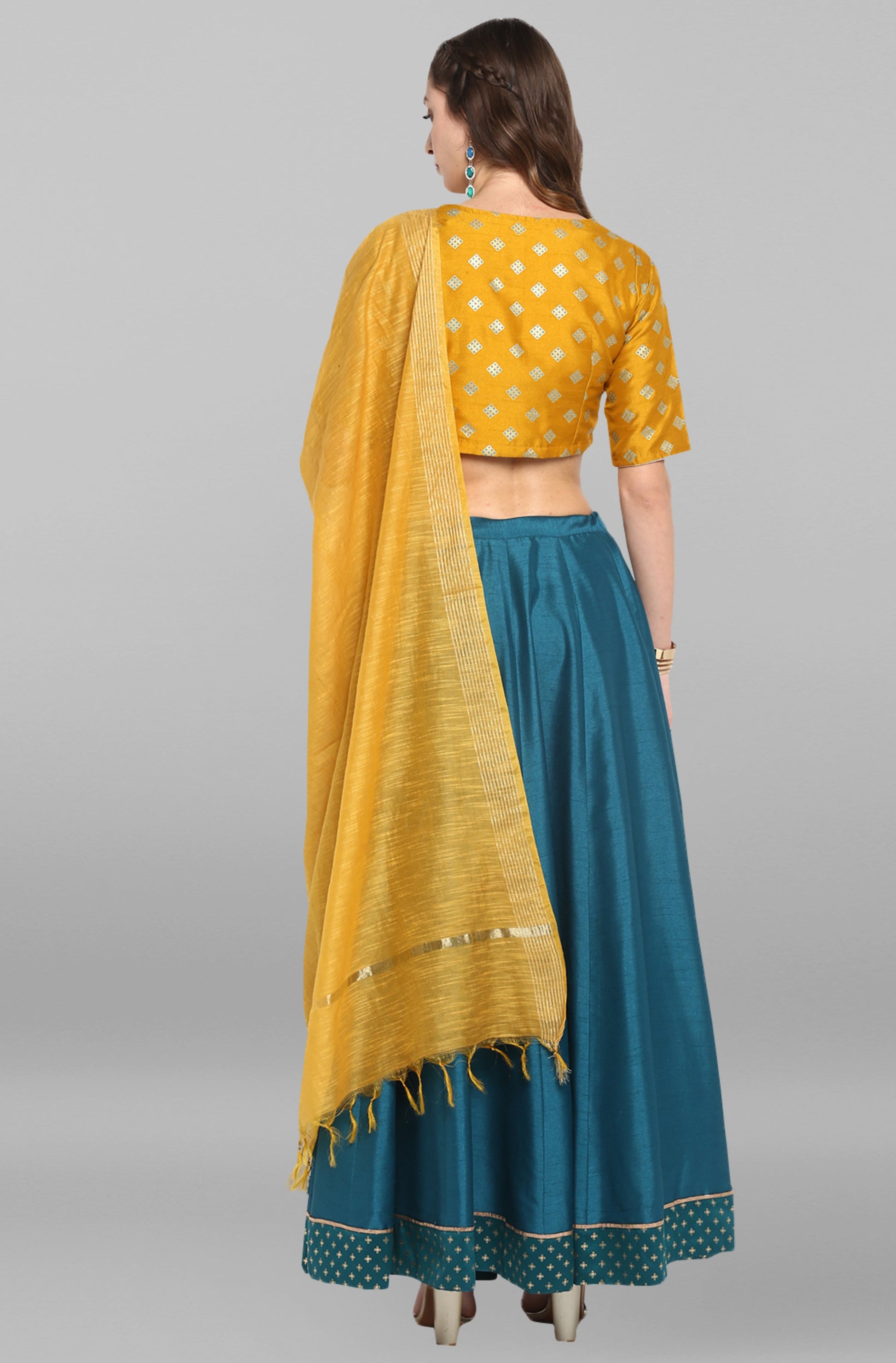 Janasya Women's Mustard Poly Silk Gold Print Lehenga Choli With Dupatta | Swadesiicart