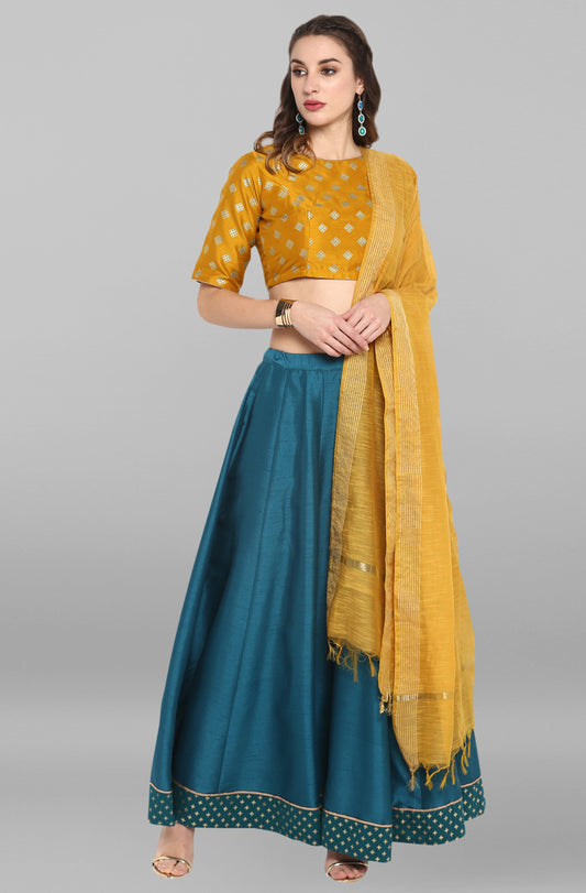 Janasya Women's Mustard Poly Silk Gold Print Lehenga Choli With Dupatta | Swadesiicart