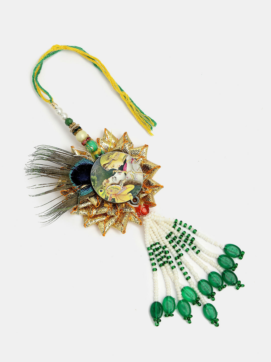 NVR Women & Men Set of 2 Green Radha Krishna Beaded Bhaiya Bhabhi Rakhi With Roli Chawal & Chocolate | Swadesiicart