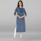 Janasya Blue Cotton Block Print Straight kurta - Swadesiicart