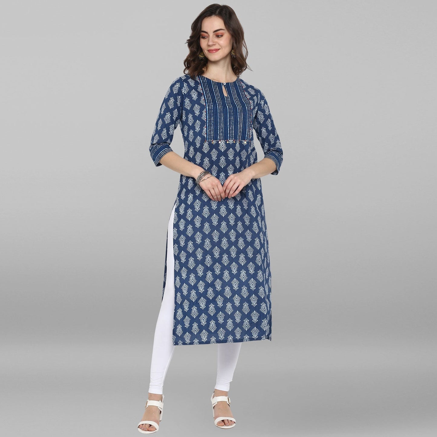 Janasya Blue Cotton Block Print Straight kurta - Swadesiicart