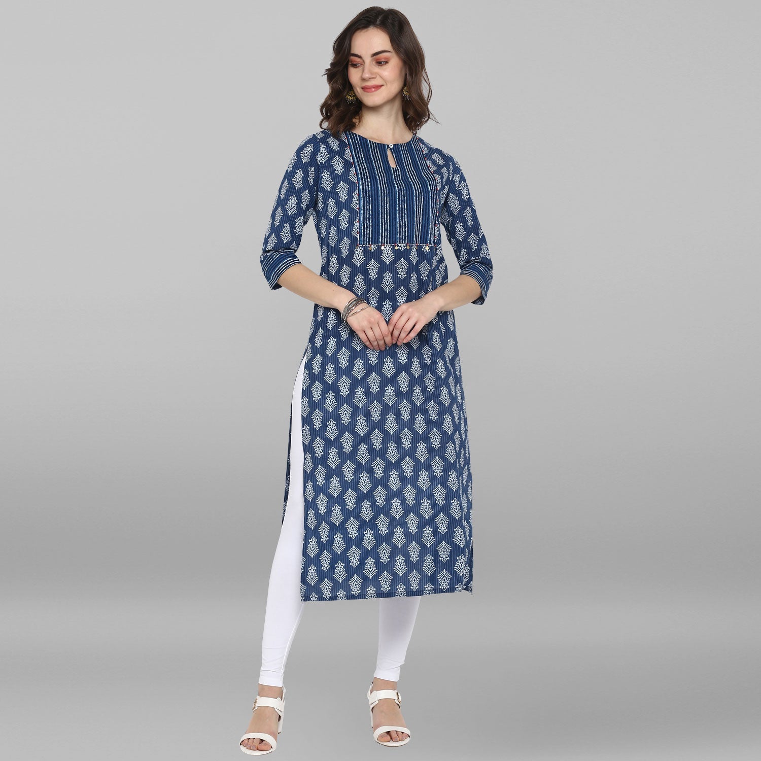 Janasya Blue Cotton Block Print Straight kurta - Swadesiicart