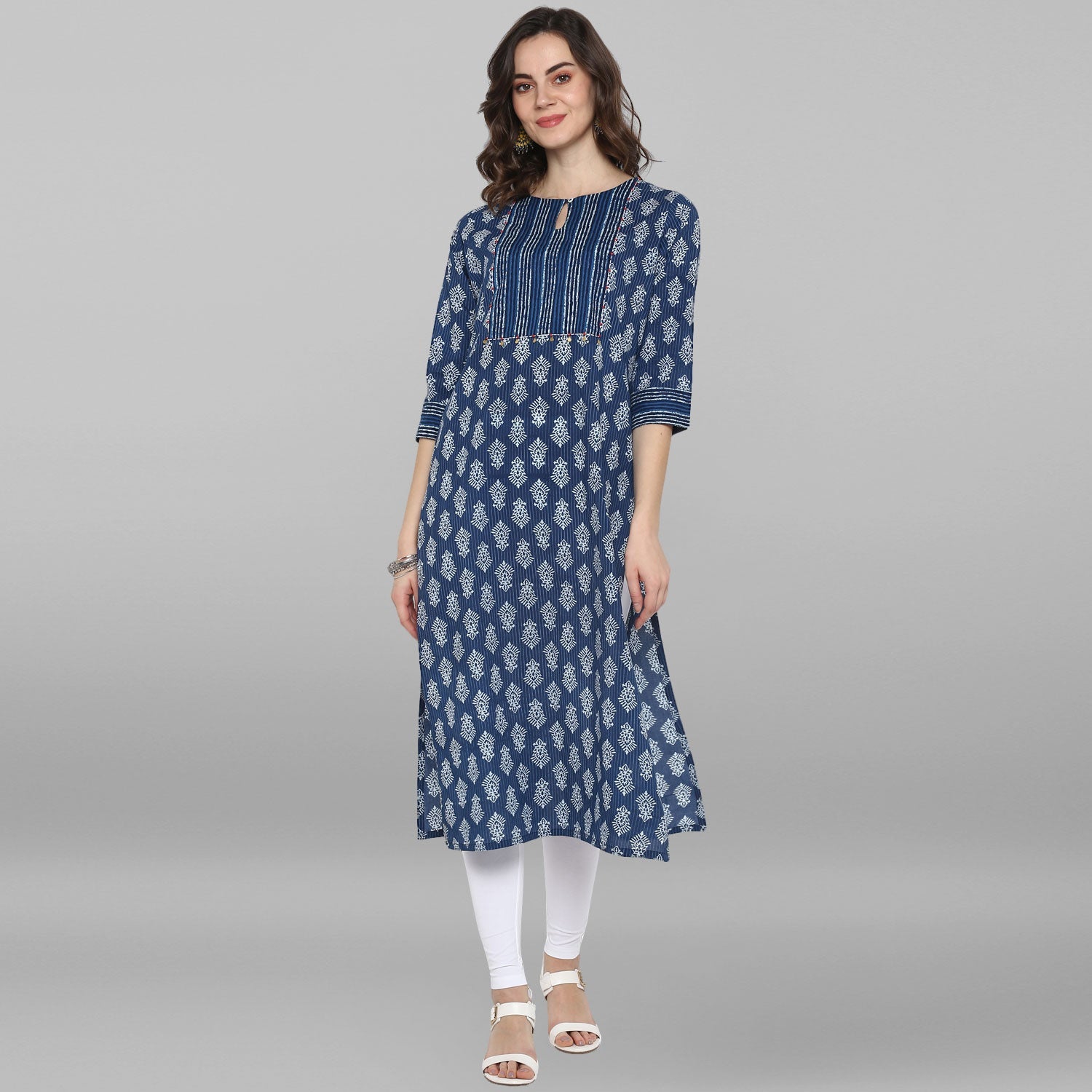 Janasya Blue Cotton Block Print Straight kurta - Swadesiicart
