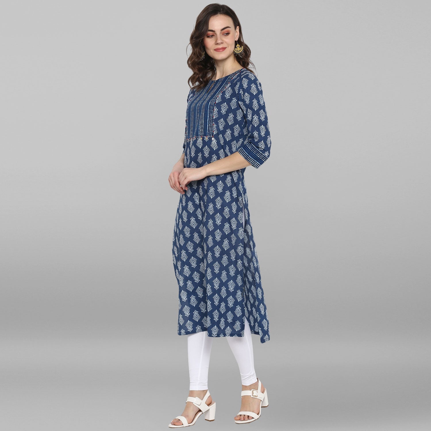 Janasya Blue Cotton Block Print Straight kurta - Swadesiicart