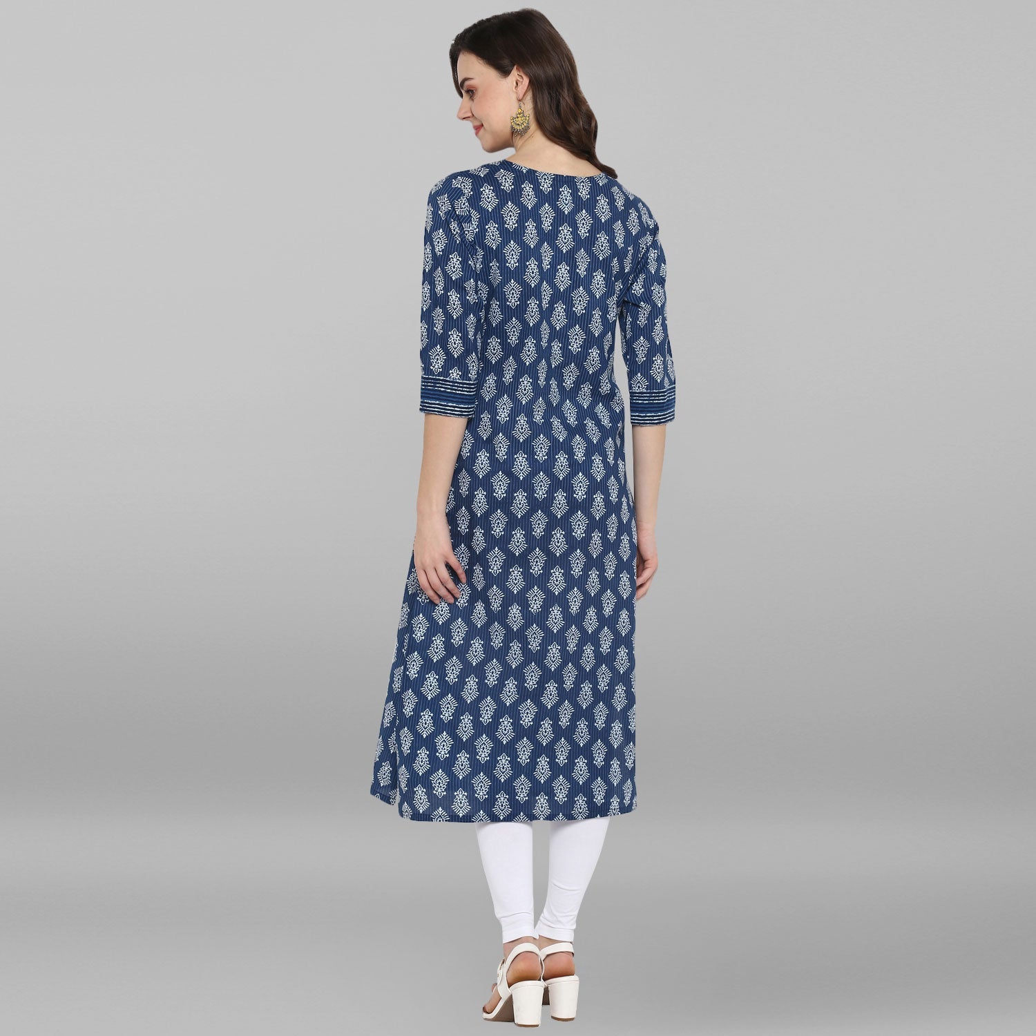 Janasya Blue Cotton Block Print Straight kurta - Swadesiicart