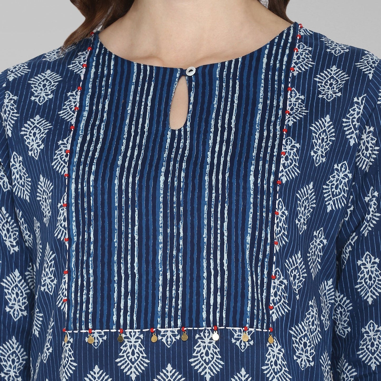 Janasya Blue Cotton Block Print Straight kurta - Swadesiicart
