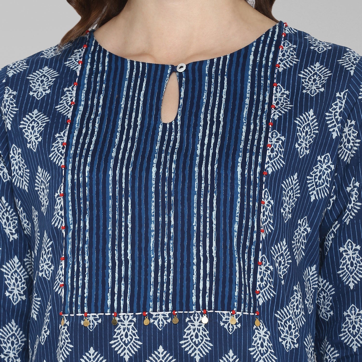 Janasya Blue Cotton Block Print Straight kurta - Swadesiicart