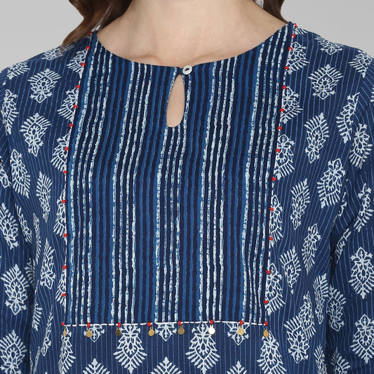 Janasya Blue Cotton Block Print Straight kurta - Swadesiicart