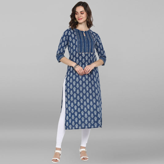 Janasya Blue Cotton Block Print Straight kurta - Swadesiicart