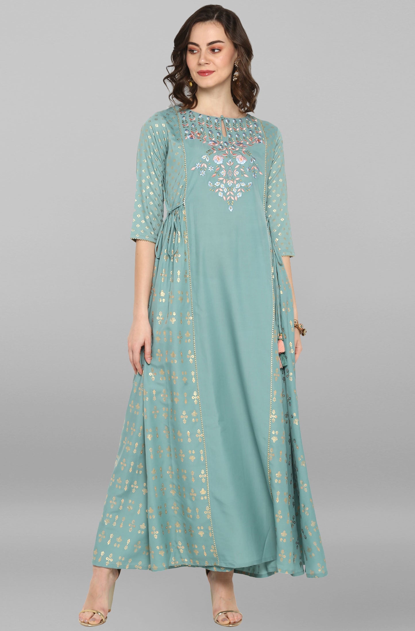 Janasya Women's Green Rayon Embroidered Flared Ethnic Dress | Swadesiicart