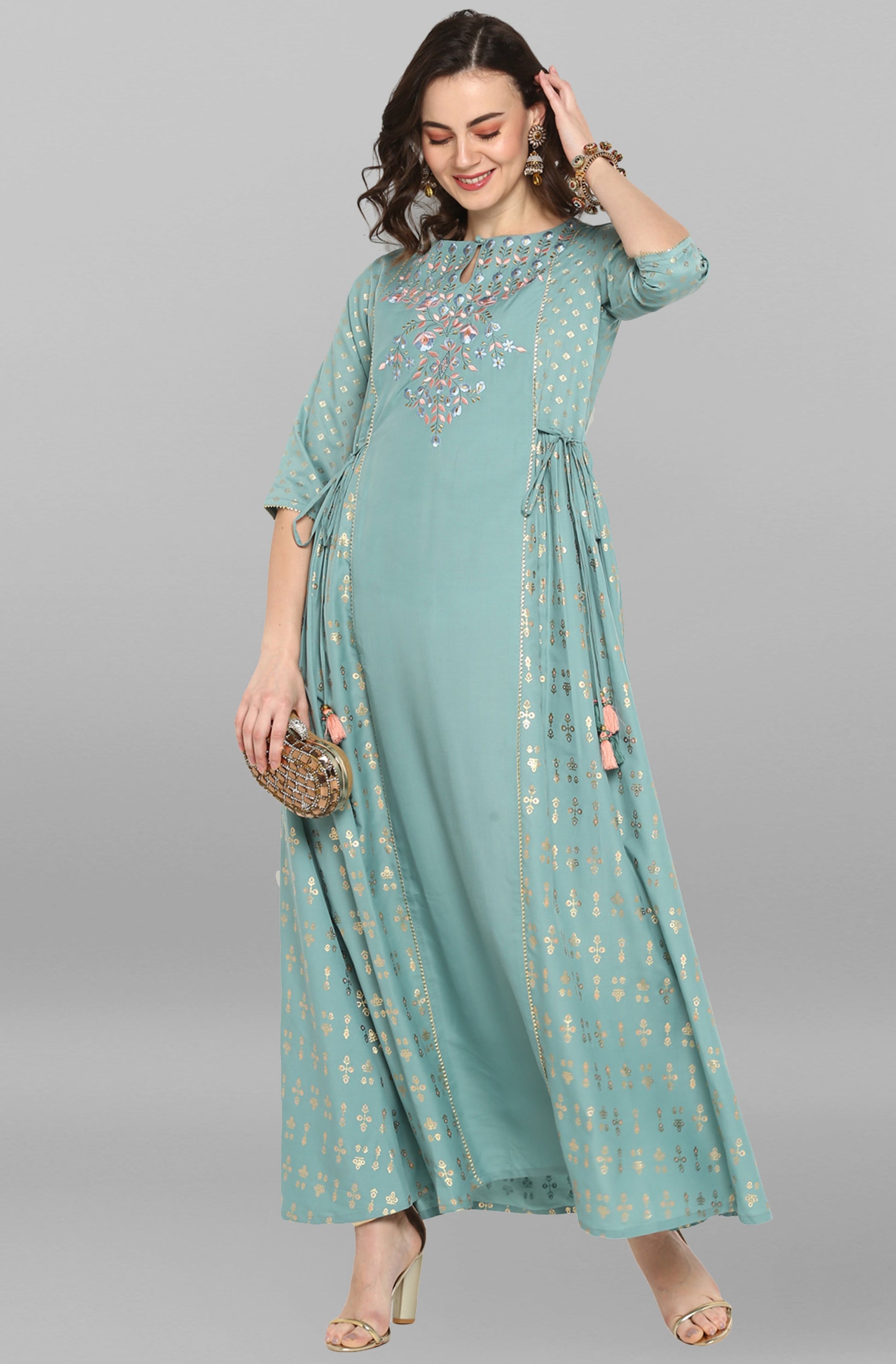 Janasya Women's Green Rayon Embroidered Flared Ethnic Dress | Swadesiicart