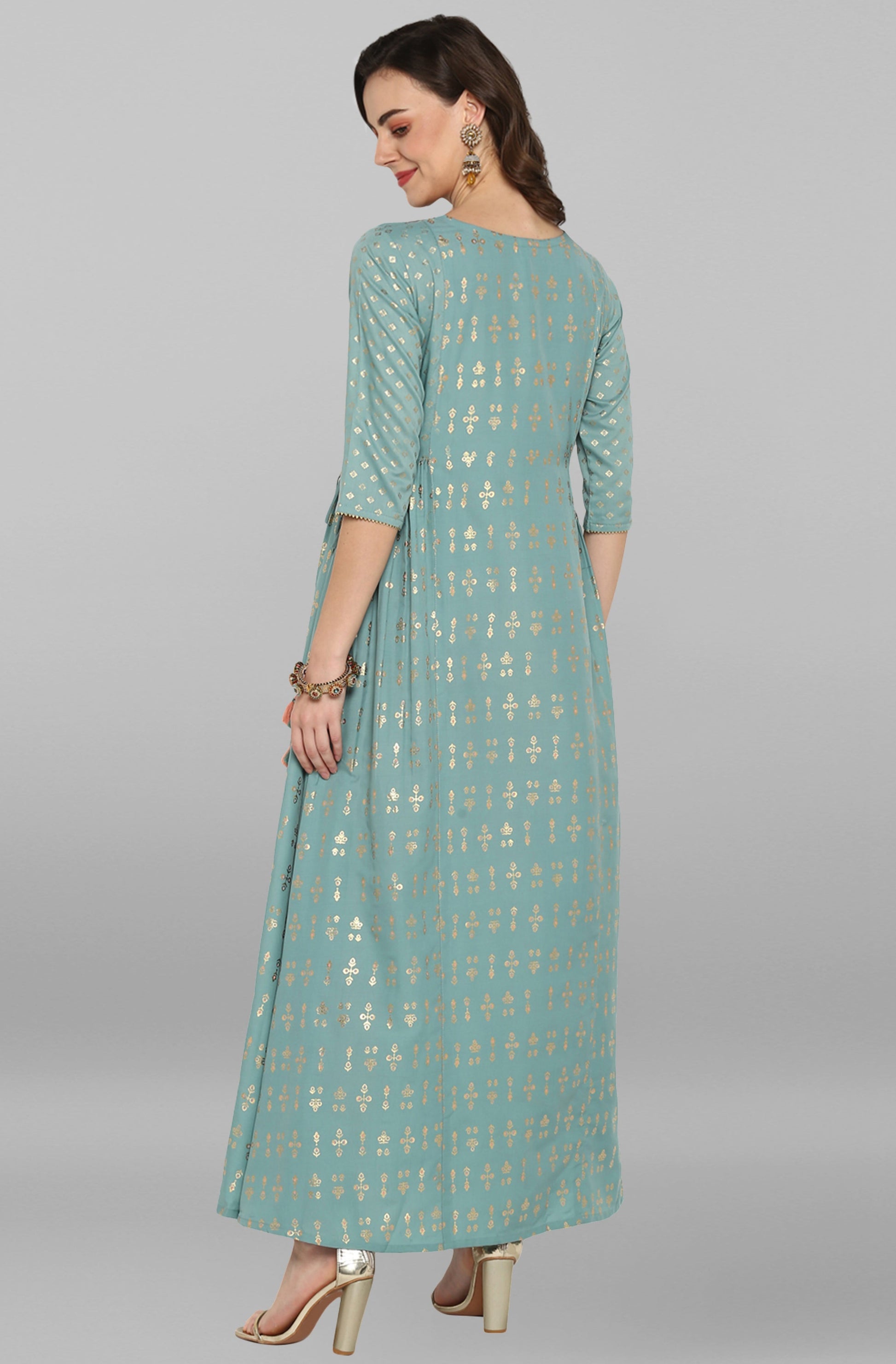 Janasya Women's Green Rayon Embroidered Flared Ethnic Dress | Swadesiicart