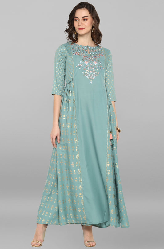 Janasya Women's Green Rayon Embroidered Flared Ethnic Dress | Swadesiicart
