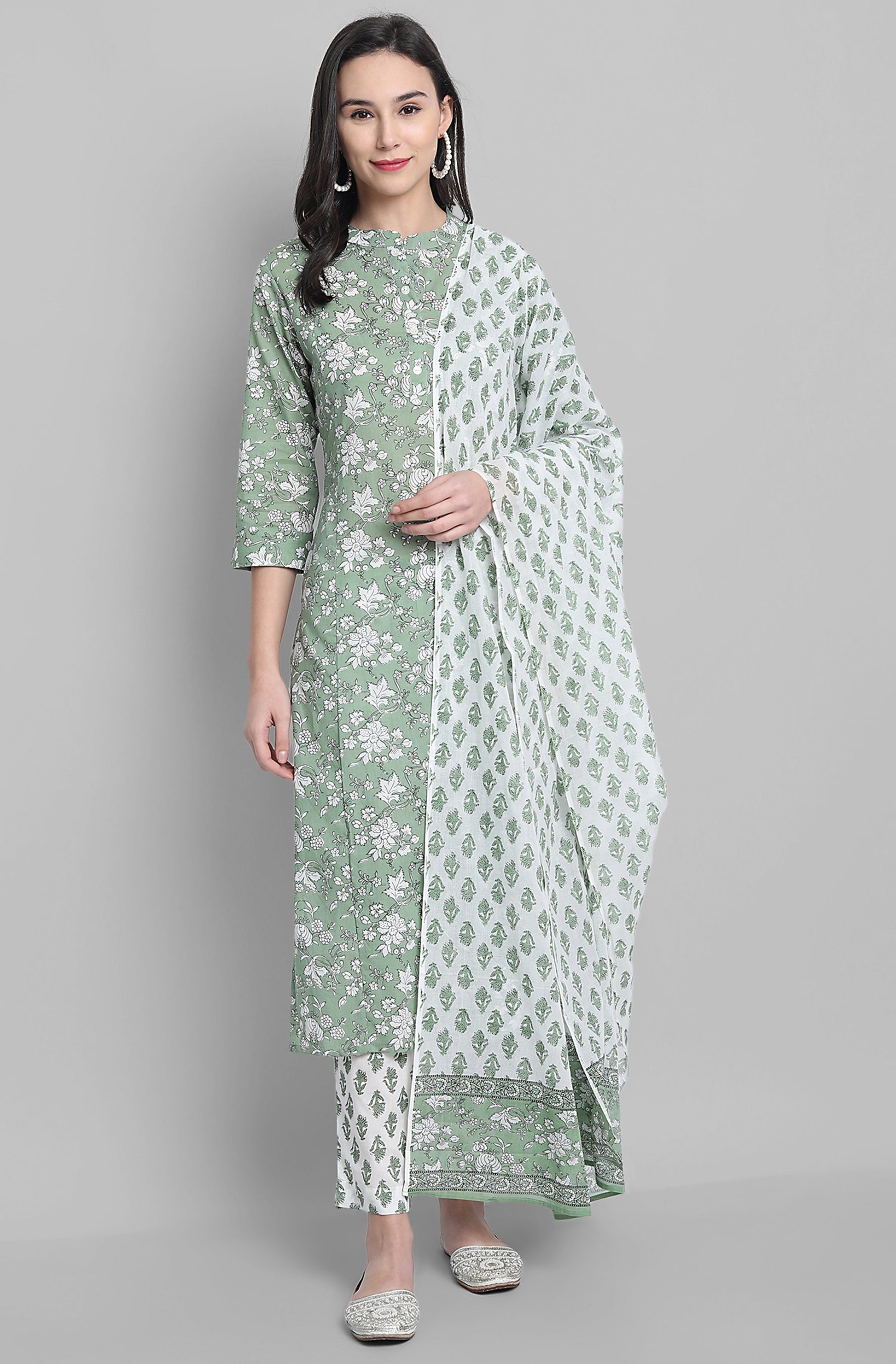 Janasya Women's Light Green Cotton Floral Print Kurta With Pant And Dupatta | Swadesiicart