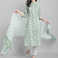 Janasya Women's Light Green Cotton Floral Print Kurta With Pant And Dupatta | Swadesiicart