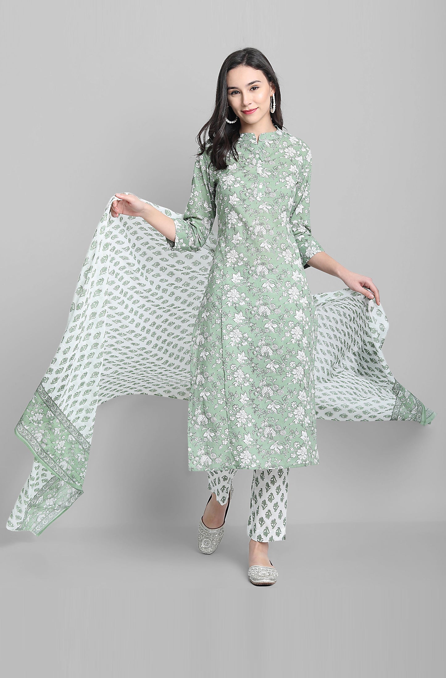 Janasya Women's Light Green Cotton Floral Print Kurta With Pant And Dupatta | Swadesiicart