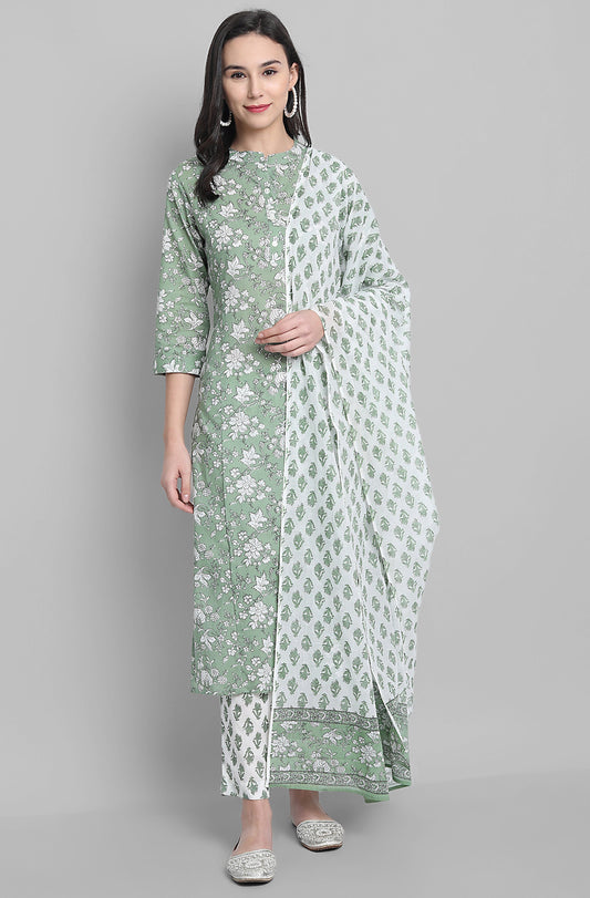 Janasya Women's Light Green Cotton Floral Print Kurta With Pant And Dupatta | Swadesiicart
