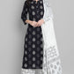 Janasya Women's Black Cotton Block Print Kurta With Palazzo And Dupatta | Swadesiicart