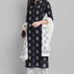 Janasya Women's Black Cotton Block Print Kurta With Palazzo And Dupatta | Swadesiicart