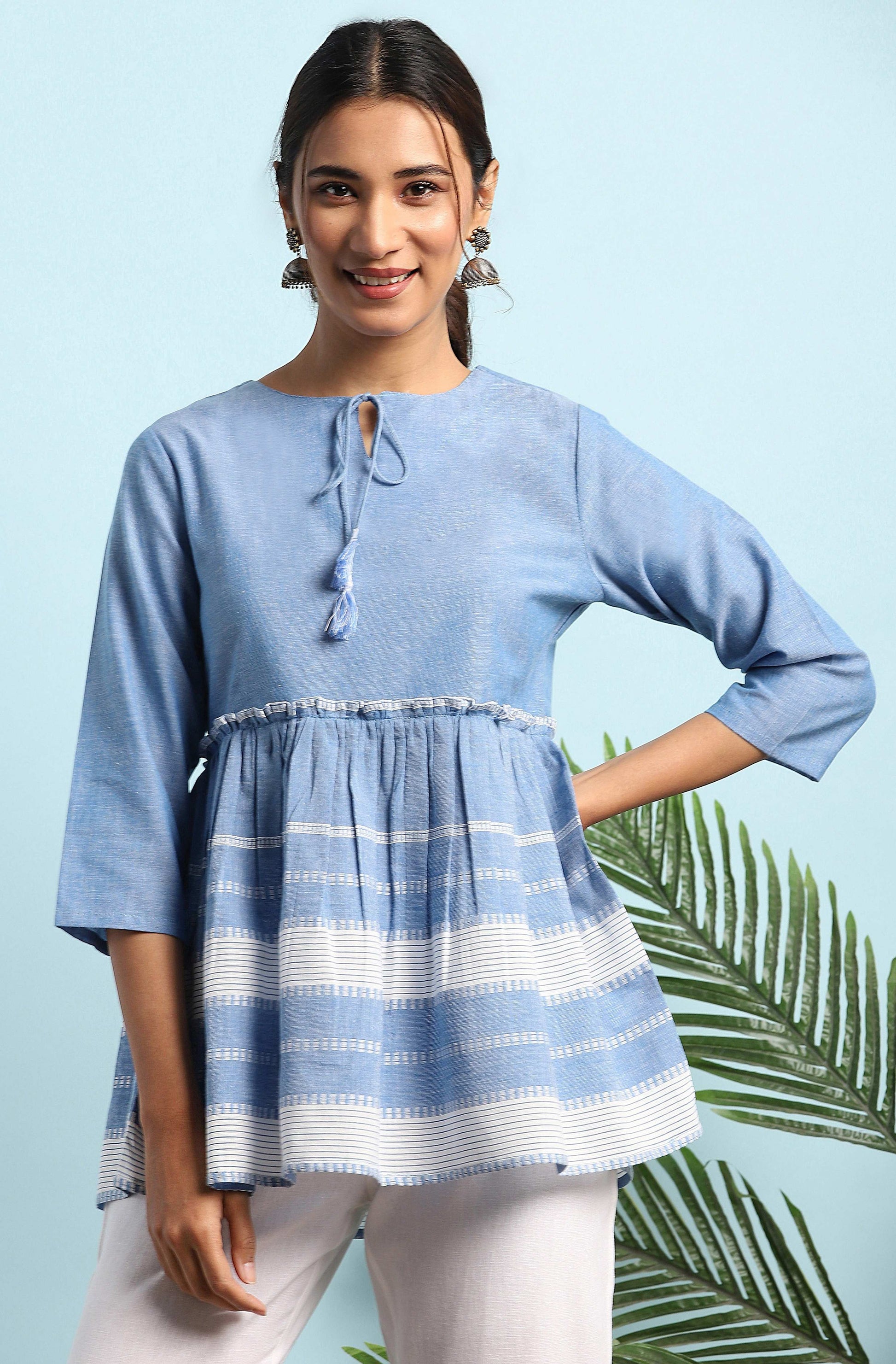 Janasya Women's Blue Cotton Striped Empire Top | Swadesiicart