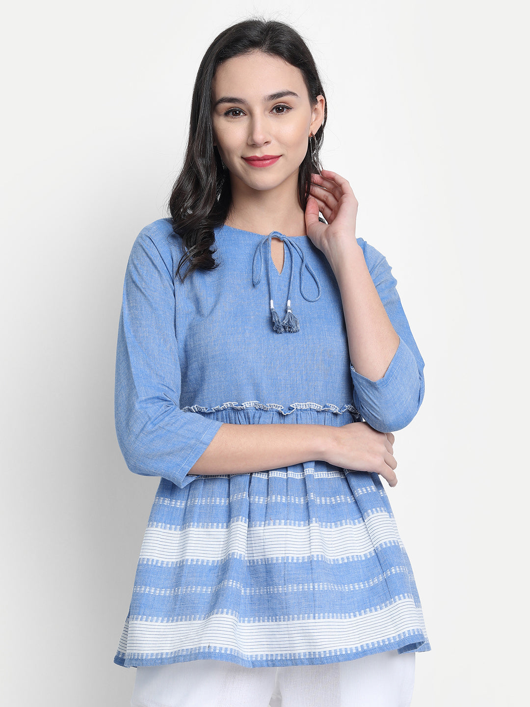 Janasya Women's Blue Cotton Striped Empire Top | Swadesiicart