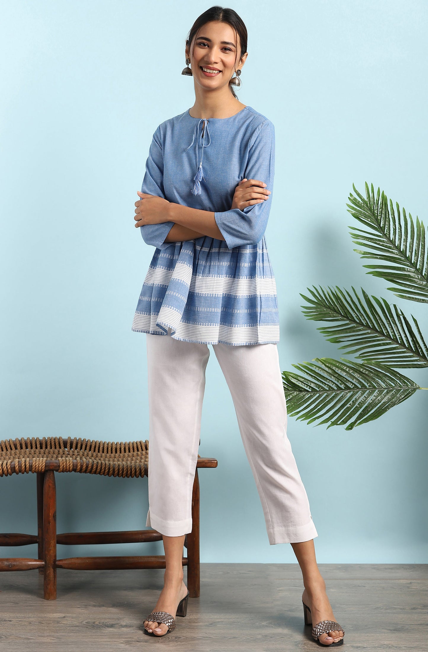 Janasya Women's Blue Cotton Striped Empire Top | Swadesiicart